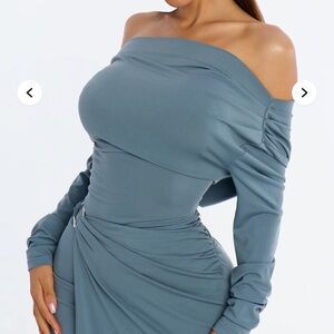 Fashion Nova Elegant Blue Off-Shoulder Midi Dress